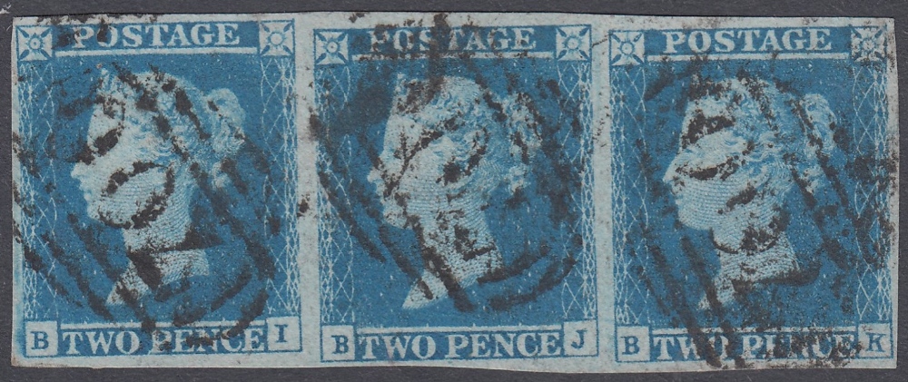 1841 2d Blue fine four margin strip of three (BI- BK)