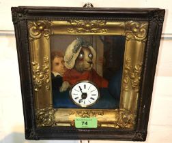 A RARE NURSERY CLOCK, 19th century Central European, painted tin dial with genre scene, the dog with
