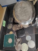 A selection of GB and foreign coins (some facsimile) a silver photo frame (damaged)