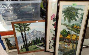 Two modern oil paintings:  alpine scenes; 3 oriental pictures