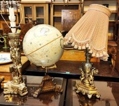 An antique style globe and two similar reproduction lamps
