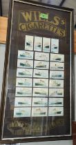 A framed mounted set of Wills cigarette cards depicting ocean liners and a floral signed print