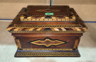 A BRITISH COLONIAL mahogany sewing box of sarcophagus form, extensive geometric inlay probably