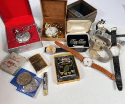 Seven gents vintage wristwatches; 2 pocket watches; 3 vintage cigarette lighters; costume jewellery;