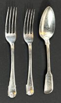 A pair of Georgian silver dessert forks engraved "MAGGIE" and "JACK" and a dessert spoon, 4oz