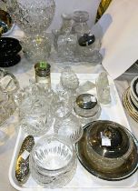 A hair tidy and trinket holder with hallmarked silver tops; cut and other glass dressing table