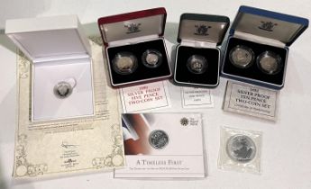 GB a 1998 Britannia, fine silver, a 2018 £20, 1992 silver proof 10 pence coin set, a 2019 silver