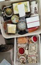 A selection of desk top globes, shell boxes etc