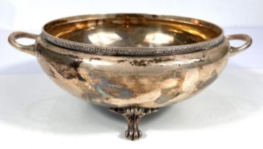 A hallmarked silver 2-handled fruit bowl with Greek key border, on paw feet, Birmingham 1936, 22oz