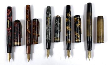 Five vintage fountain pens, Conway Stewart and others, marble effect case