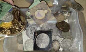 A selection of GB coins, some with silver content; 2 hallmarked silver RLSS medals