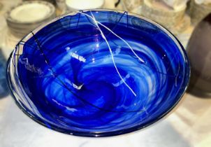 KOSTA BODA: a large Swedish art glass bowl in blue, 34cm in diameter