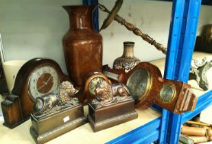 A mahogany quartz mantel clock, oak mantel clock, a large heavy copper vase etc