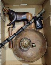 An Egyptian horn walking stick, a covered copper pot, carved wooden bowl, lion and cat
