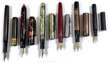 Six various fountain pens various makes, marble cases etc
