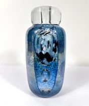 Strombergshyttan: an unusual and rare Swedish Art glass vase mottled blue exterior with sliced