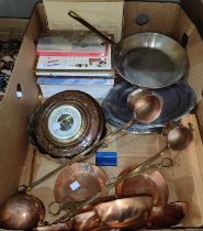 Three reproduction copper cider measures; pewter plates; table mats; coasters; decorative items