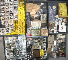 A large collection of watch parts and watch makers items from watch makers (deceased) in cabinet