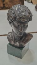 A classical style Greco bronze bust of male mounted on marble plinth, height 17cm
