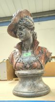 A cast stoneware bust of a young woman in period costume, 46cm