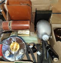 A gent's racing bag with 3 segmented bottles, and tot cups; 2 gent's leather fitted overnight