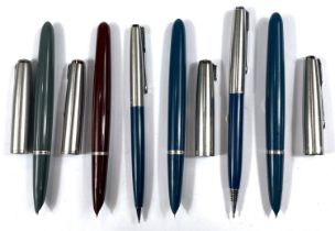 Four vintage Parker fountain pens and two Parker pencils