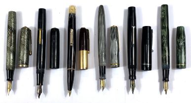 A collection of six various vintage fountain pens, opalescent and other cases, various makes