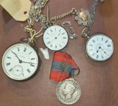 A GVI Faithful Service medal; 3 open faced pocket watches in silver cases, with metal chains; etc.