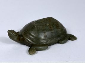 A Chinese well carved jade and russet coloured hardstone tortoise with incised detail throughout, (