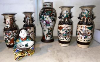 Five 19th century Chines graduating vases with crackle glaze, bark and polychrome decoration (some