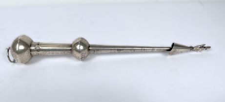 A Russian white metal torah stick with etched detail finger pointer and double headed eagle mark,