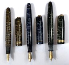 Three vintage Parker pens Vacumatics blue, gold and green