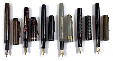 A collection of six vintage fountain pens, various makes and models