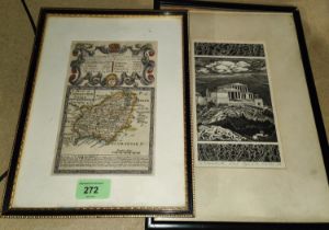 A framed Bowen map of Carmarthenshire, hand coloured and a wood engraving of 'The Rise of