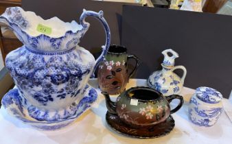 A large blue & white jug; other decorative china