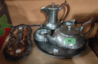 A HOMELAND PEWTER 5 piece hammered finish tea service and an Old Sheffield plate candle snuffer