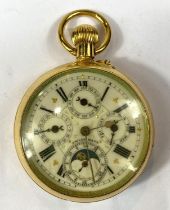 An Edwardian gold plated open face pocket watch with calendar and moon phase (a.f)