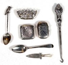 A selection of miniature silver:  2 vesta cases; 2 thimbles; 2 spoons; button hook; etc.