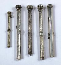 Five silver/white metal propelling pencils, four with stones to top, some hallmarks worn