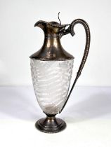 A fern etched glass claret jug with beaded hallmarked silver lid, rim, handle and base