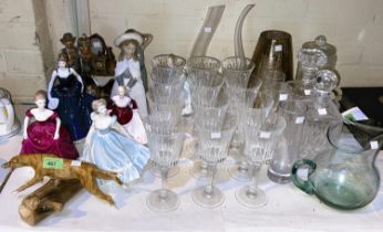 A selection of Coalport ladies and other similar figurines (some hairlines); 12 glass wine goblet,