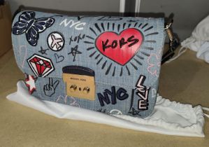 Michael Kors - 'Sloan Editor' embroidered washed denim blue shoulder crossover graffiti bag with bag