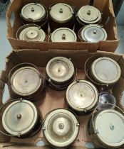 A collection of oak metal bound biscuit barrels