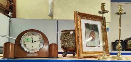 An Art Deco wall clock with chime, in walnut case; a brass jardinière; a pair of tall brass