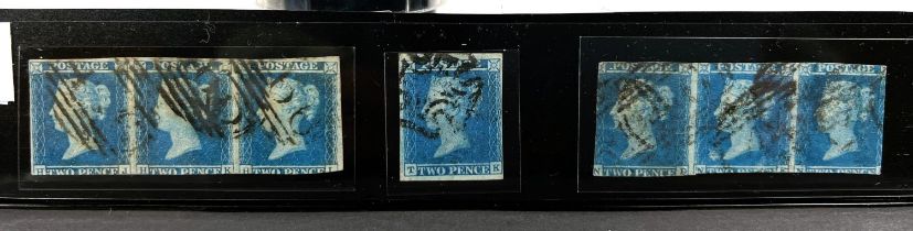 GB: QV, 2d Blue, used, a group of 4 triplets and 2 singles