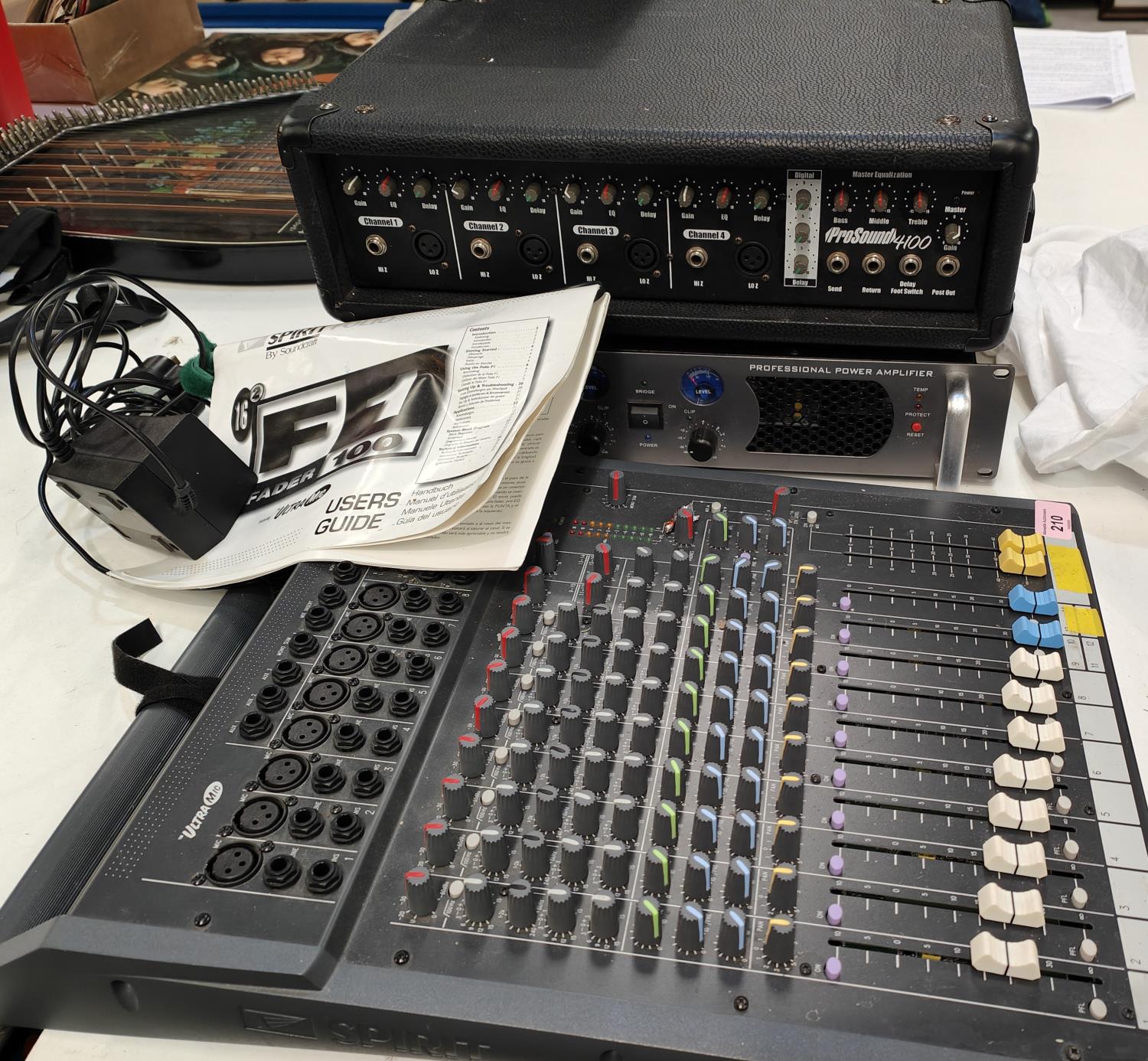 A Prosound 1600 Professional power amplifier; Prosound 4100 and a Spirit Folio Ultra Mic Mixing