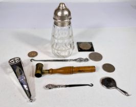 A hallmarked silver posy holder; a gun powder measure; a sugar sifter etc.