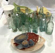 A selection of Carltonware green leaf pieces; a selection of vintage glass bottles, some with