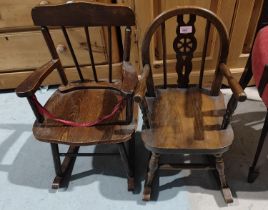 A child's rocking armchair with wheel back; a child's rocking armchair with stick back