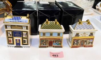 3 Royal Crown Derby cottages with boxes:- The Christmas Box, St James's Millinery Tailer's and